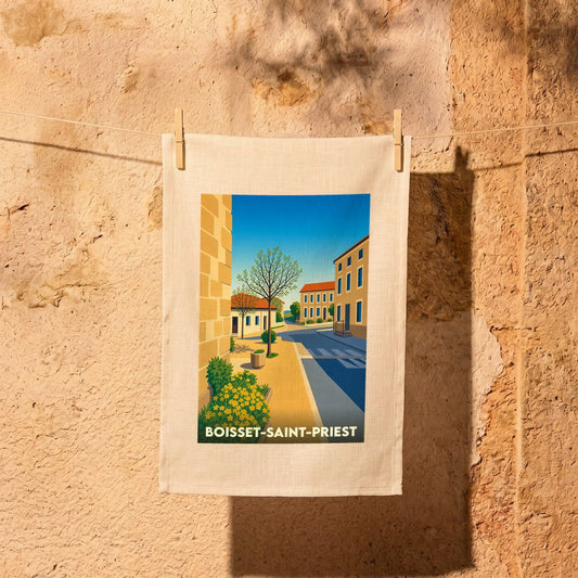 Torchon souvenir de la ville de Boisset-Saint-Priest avec une illustration stylisée.