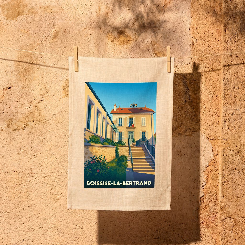 Torchon souvenir de la ville de Boissise-la-Bertrand avec une illustration stylisée de sa mairie.