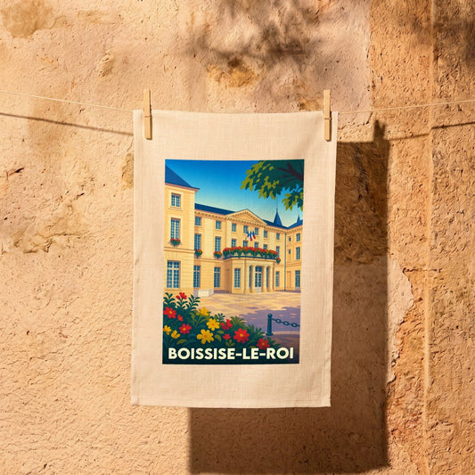Torchon souvenir de la ville de Boissise-le-Roi avec une illustration stylisée de sa mairie fleurie.