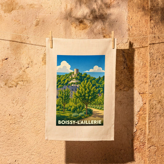 Torchon souvenir de la ville de Boissy-l'Aillerie avec une illustration stylisée d'un paysage local.