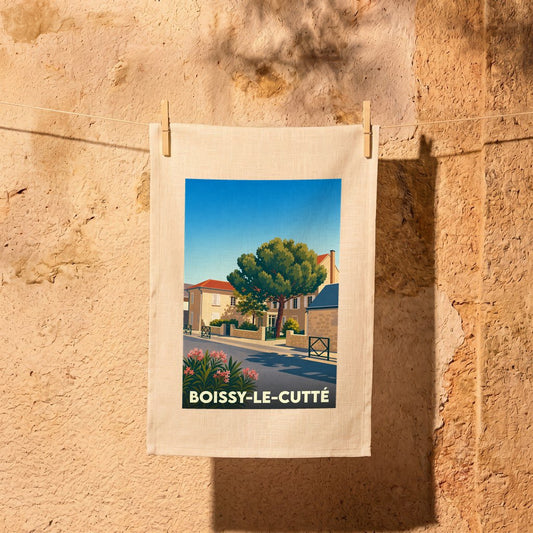 Torchon souvenir de la ville de Boissy-le-Cutté avec une illustration stylisée.
