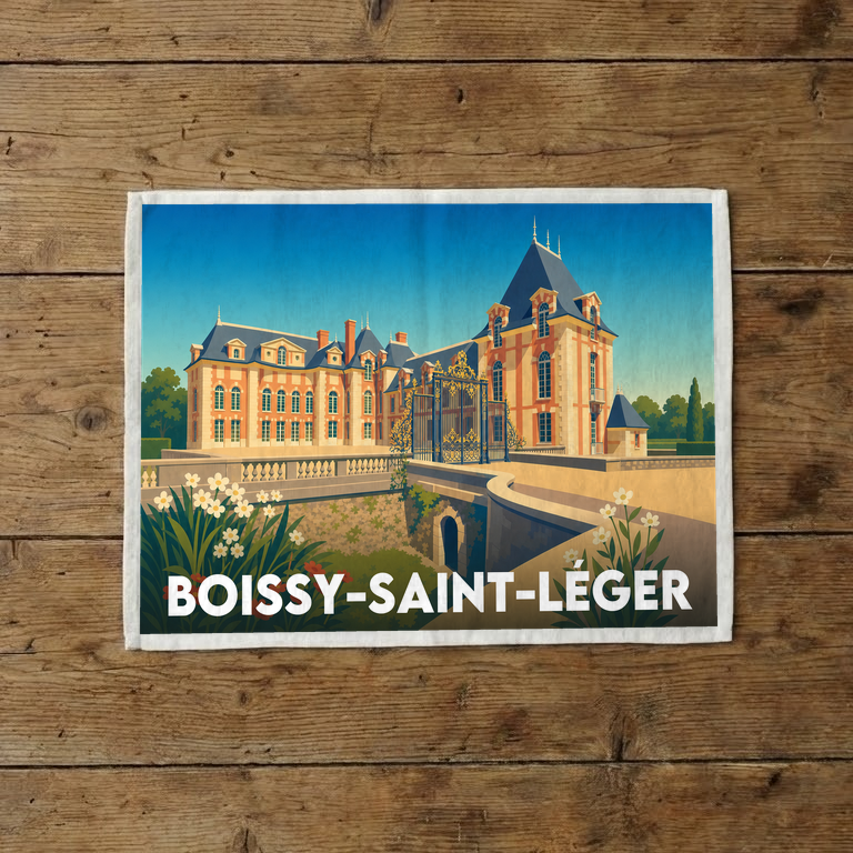 Torchon souvenir de la ville de Boissy-Saint-Léger avec une illustration stylisée d'un château.