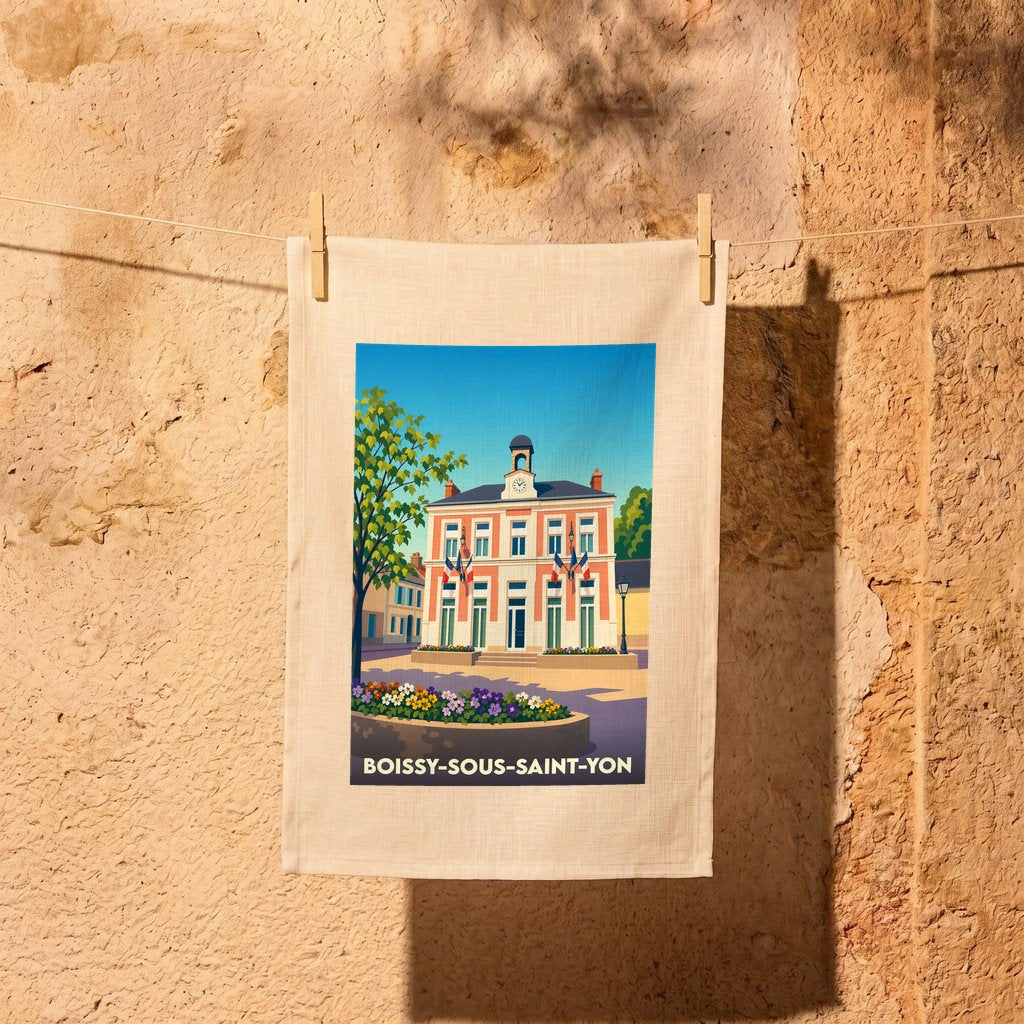 Torchon souvenir de la ville de Boissy-sous-Saint-Yon avec une illustration stylisée de sa mairie.