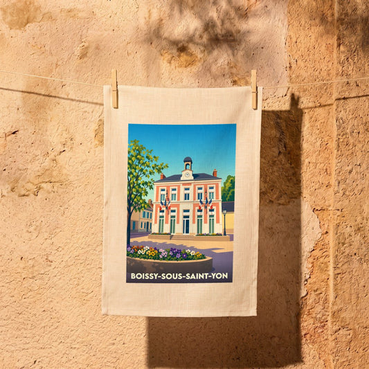 Torchon souvenir de la ville de Boissy-sous-Saint-Yon avec une illustration stylisée de sa mairie.