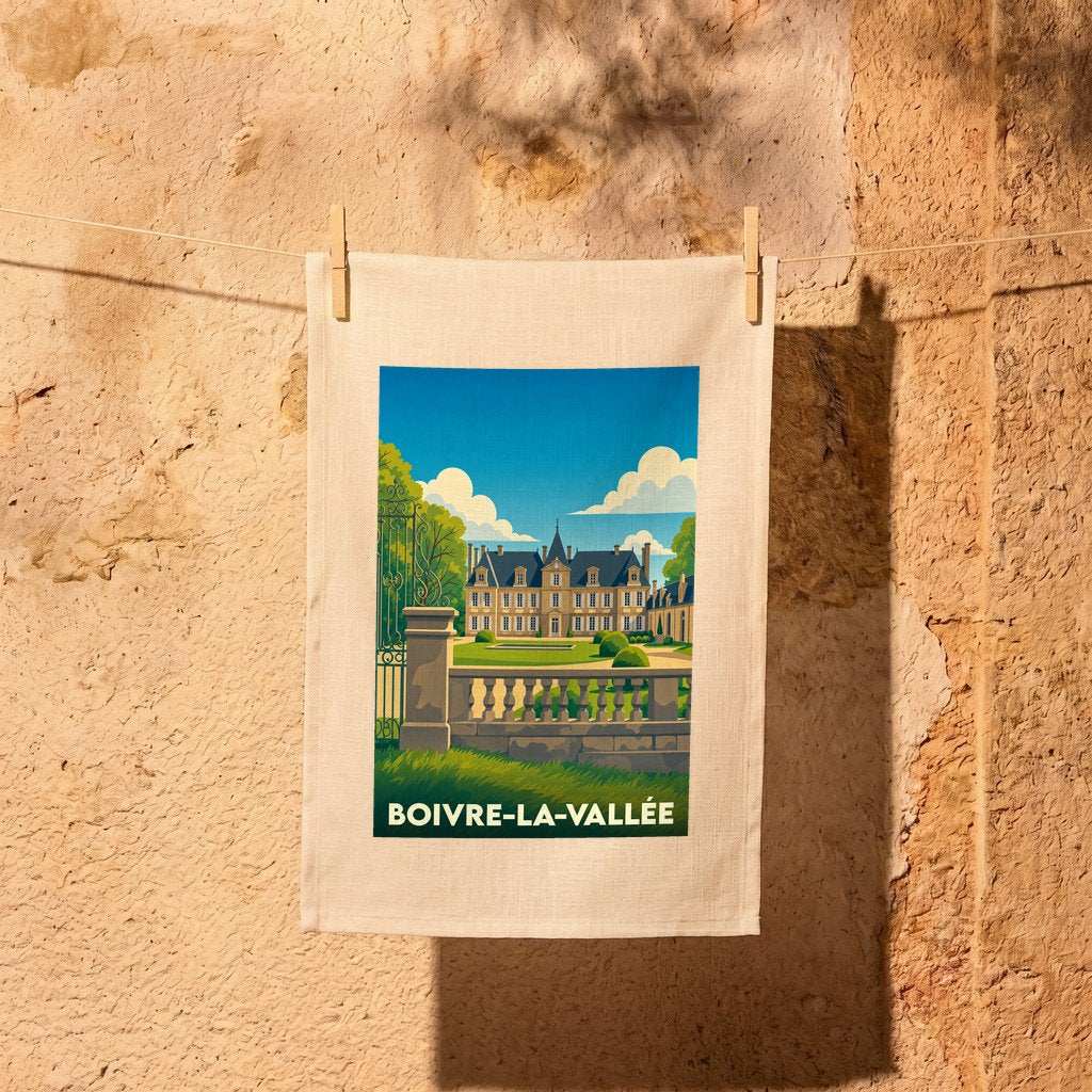 Torchon souvenir de la ville de Boivre-la-Vallée avec une illustration stylisée d'un château.