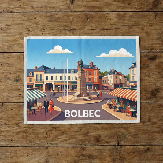 Torchon souvenir de la ville de Bolbec illustré d'un dessin stylisé et coloré de sa place centrale.