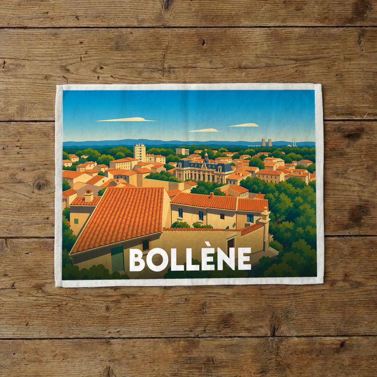 Torchon souvenir de la ville de Bollène avec une illustration panoramique stylisée.