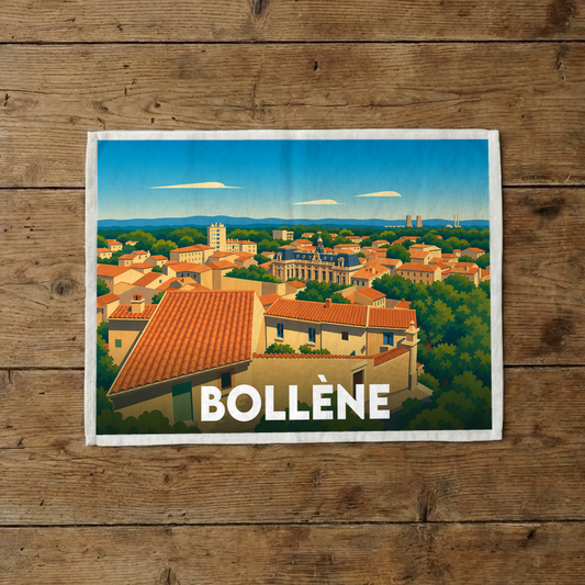 Torchon souvenir de la ville de Bollène avec une illustration panoramique stylisée.