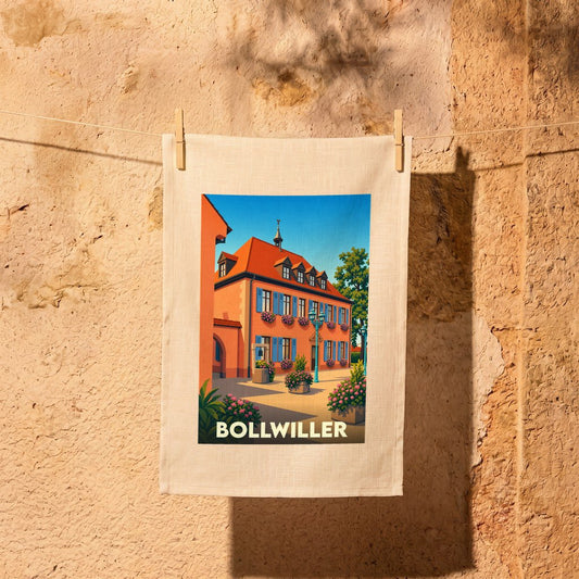 Torchon souvenir de la ville de Bollwiller avec une illustration stylisée d'un bâtiment alsacien coloré.