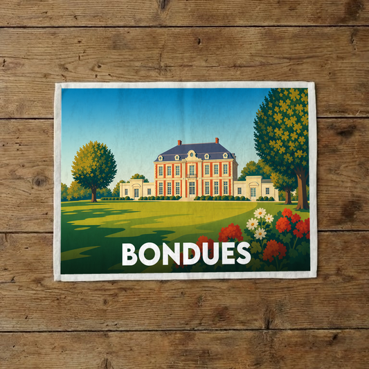 Torchon souvenir de la ville de Bondues illustré d'un château majestueux et de son parc verdoyant dans un style rétro.