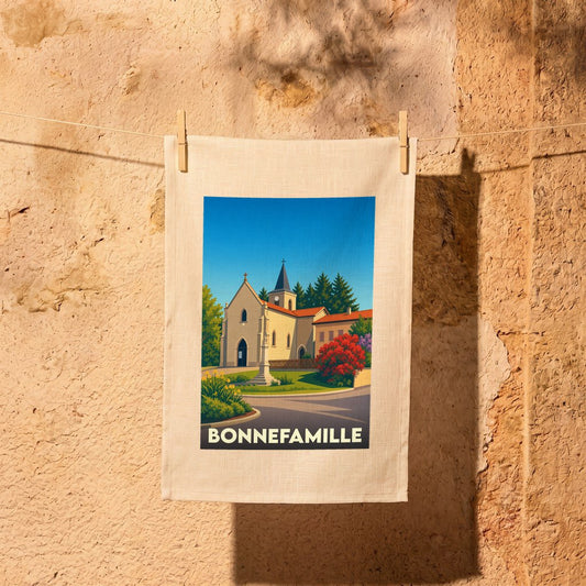 Torchon souvenir de la ville de Bonnefamille avec une illustration stylisée de son église.
