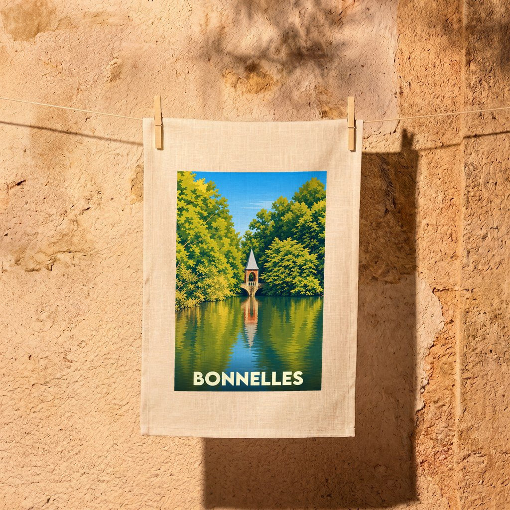 Torchon souvenir de la ville de Bonnelles avec une illustration stylisée d'un petit pavillon au bord de l'eau.