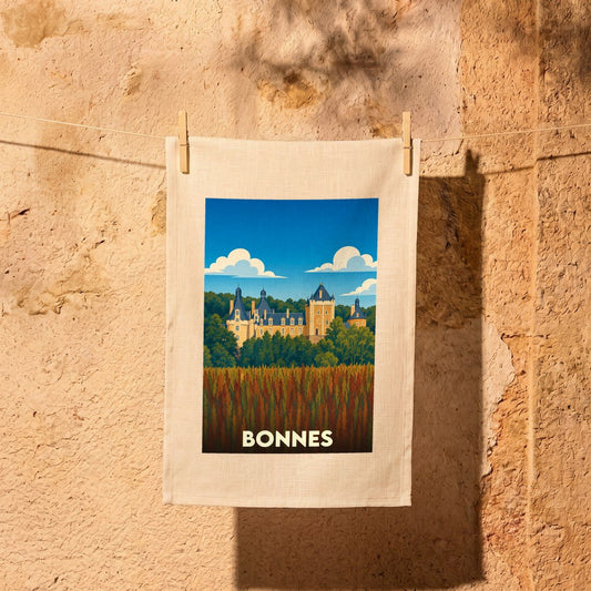 Torchon souvenir de la ville de Bonnes avec une illustration stylisée d'un château.