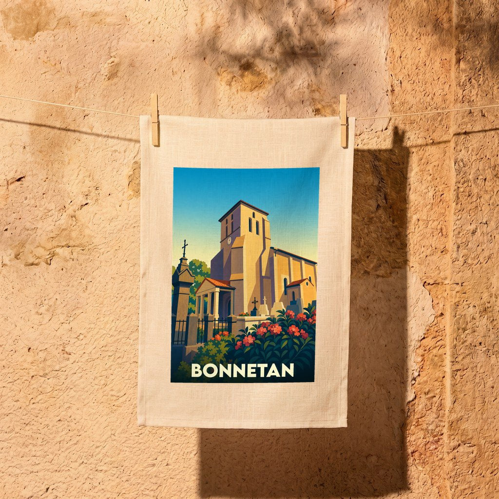 Torchon souvenir de la ville de Bonnetan illustré d'un dessin stylisé de son église et ses jardins.