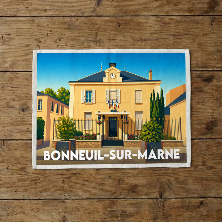 Torchon souvenir de la ville de Bonneuil-sur-Marne avec une illustration stylisée.