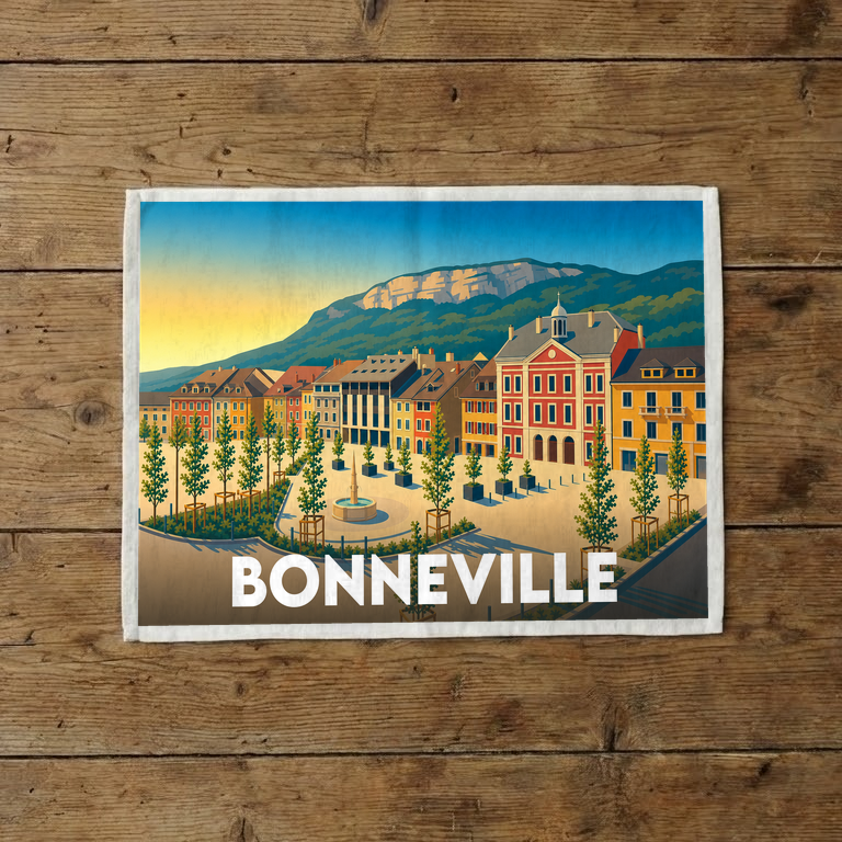 Torchon souvenir de la ville de Bonneville avec une illustration stylisée de sa place centrale et des montagnes.