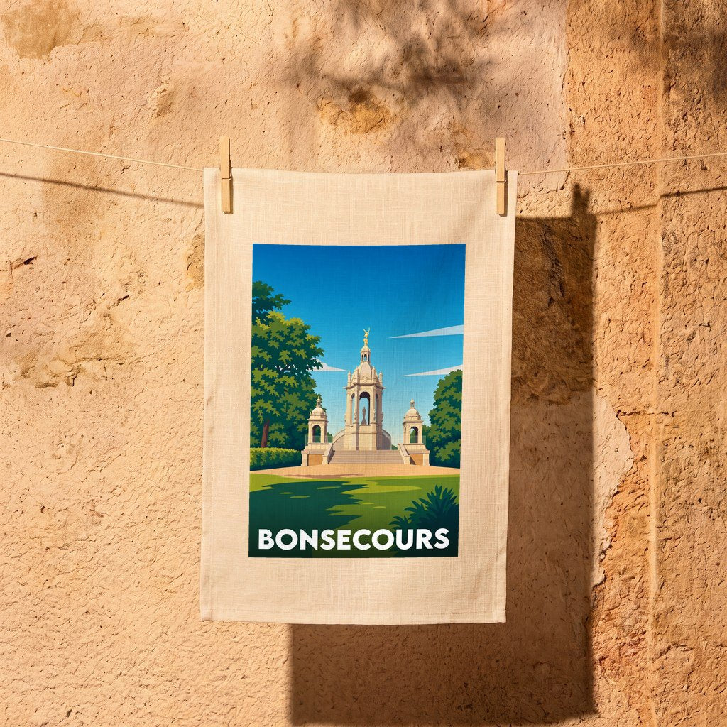 Torchon souvenir de la ville de Bonsecours avec une illustration stylisée d'un monument historique.