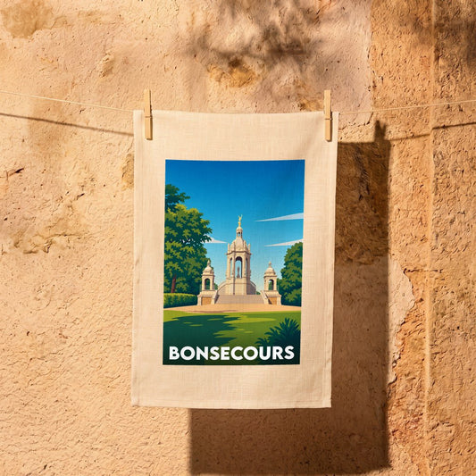 Torchon souvenir de la ville de Bonsecours avec une illustration stylisée d'un monument historique.