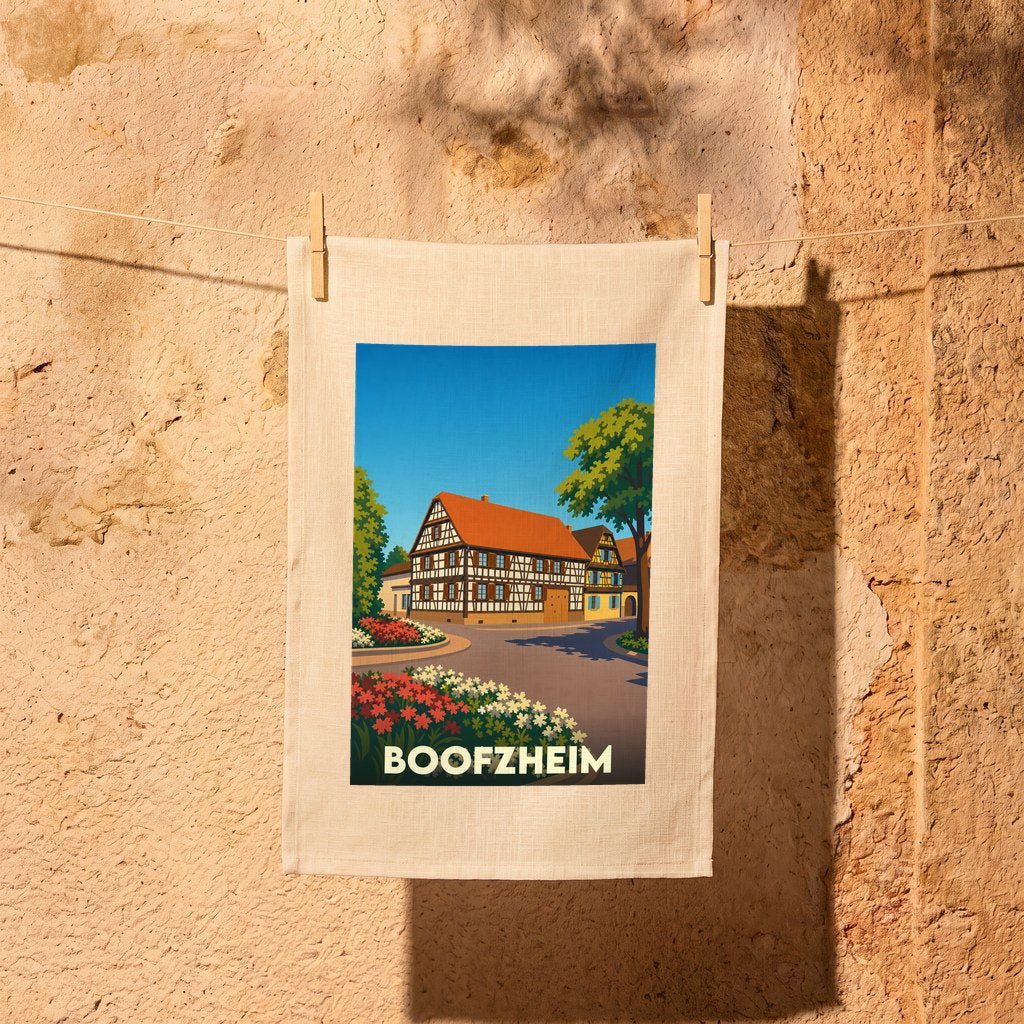 Torchon souvenir de la ville de Boofzheim avec une illustration stylisée d'une maison à colombages.