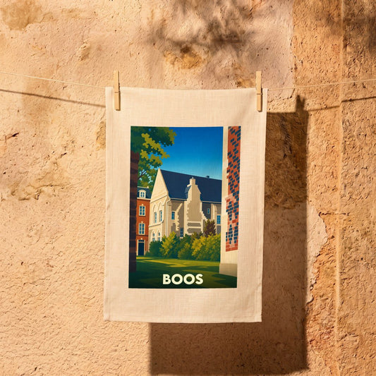 Torchon souvenir de la ville de Boos avec une illustration stylisée.