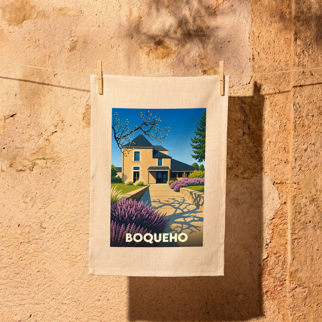Torchon souvenir de la ville de Boqueho illustré d'une maison de caractère dans un jardin fleuri.