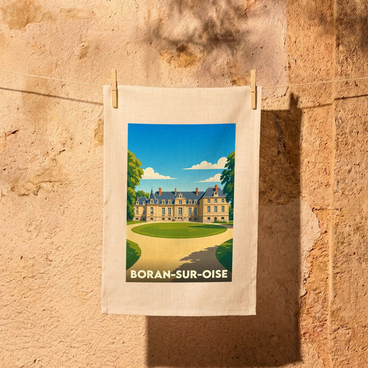 Torchon souvenir de la ville de Boran-sur-Oise avec une illustration stylisée de son château.