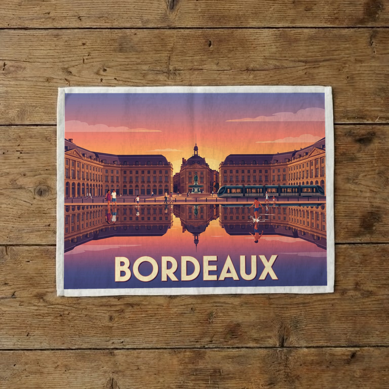 Torchon souvenir de la ville de Bordeaux avec une illustration stylisée de la Place de la Bourse.