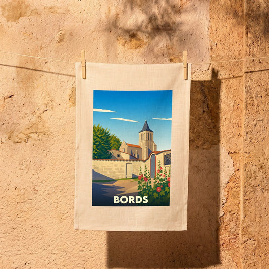 Torchon souvenir de la ville de Bords avec une illustration stylisée.