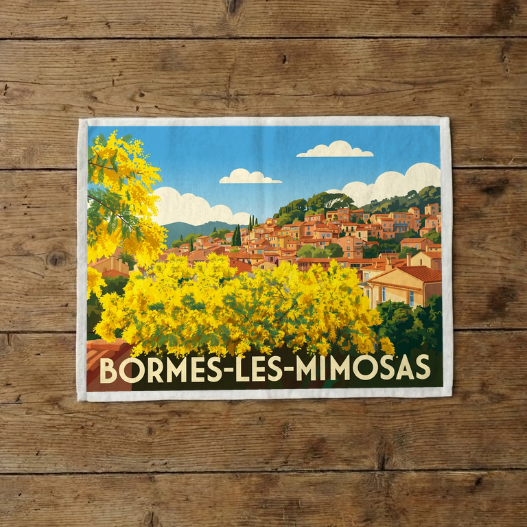 Torchon souvenir de la ville de Bormes-les-Mimosas avec une illustration stylisée.