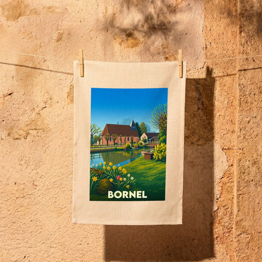 Torchon souvenir de la ville de Bornel orné d'une illustration paysagère stylisée.