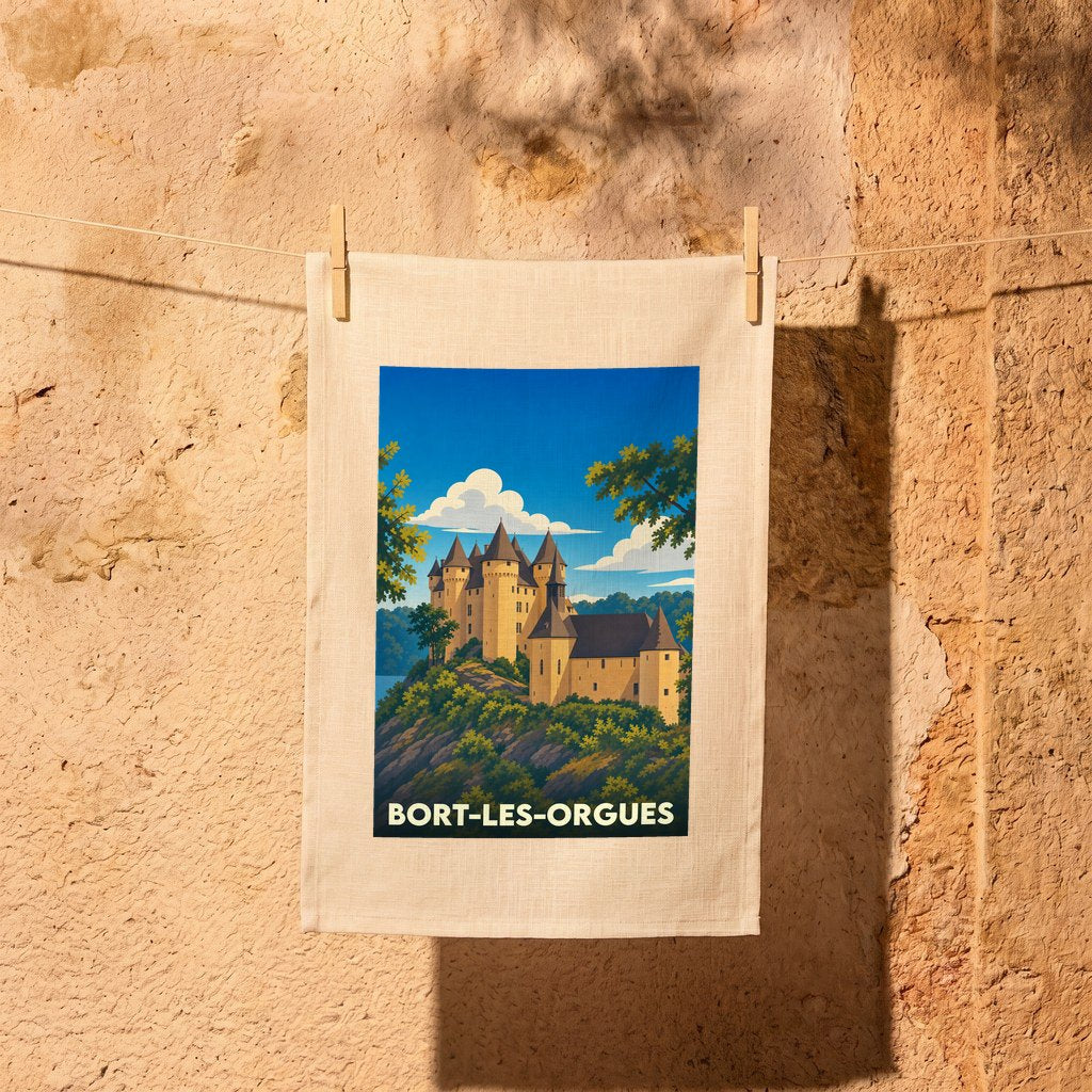 Torchon souvenir de la ville de Bort-les-Orgues avec une illustration stylisée du château de Val sur son rocher.