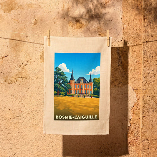 Torchon souvenir de la ville de Bosmie-l'Aiguille avec une illustration stylisée d'un château.