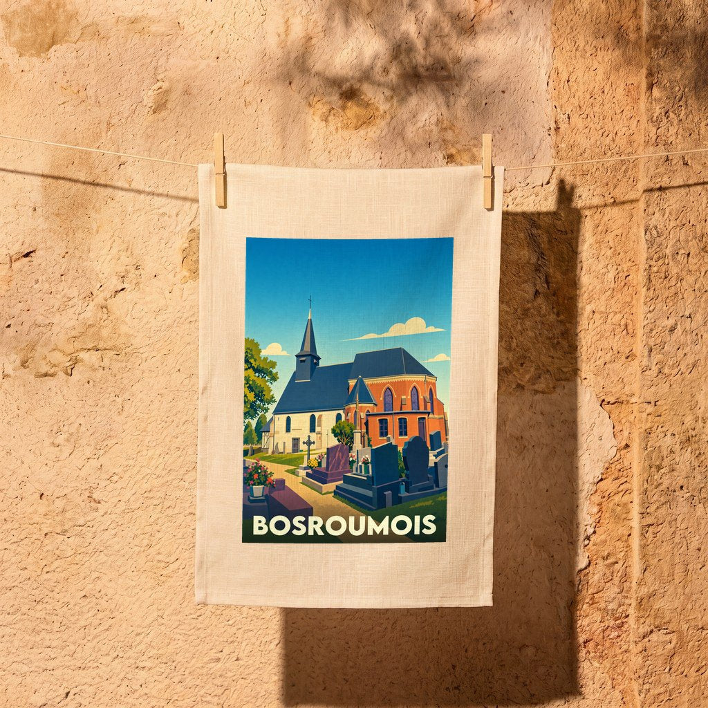 Torchon souvenir de la ville de Bosroumois avec une illustration stylisée de son église et de son cimetière.