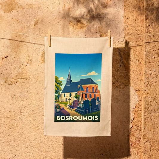 Torchon souvenir de la ville de Bosroumois avec une illustration stylisée de son église et de son cimetière.