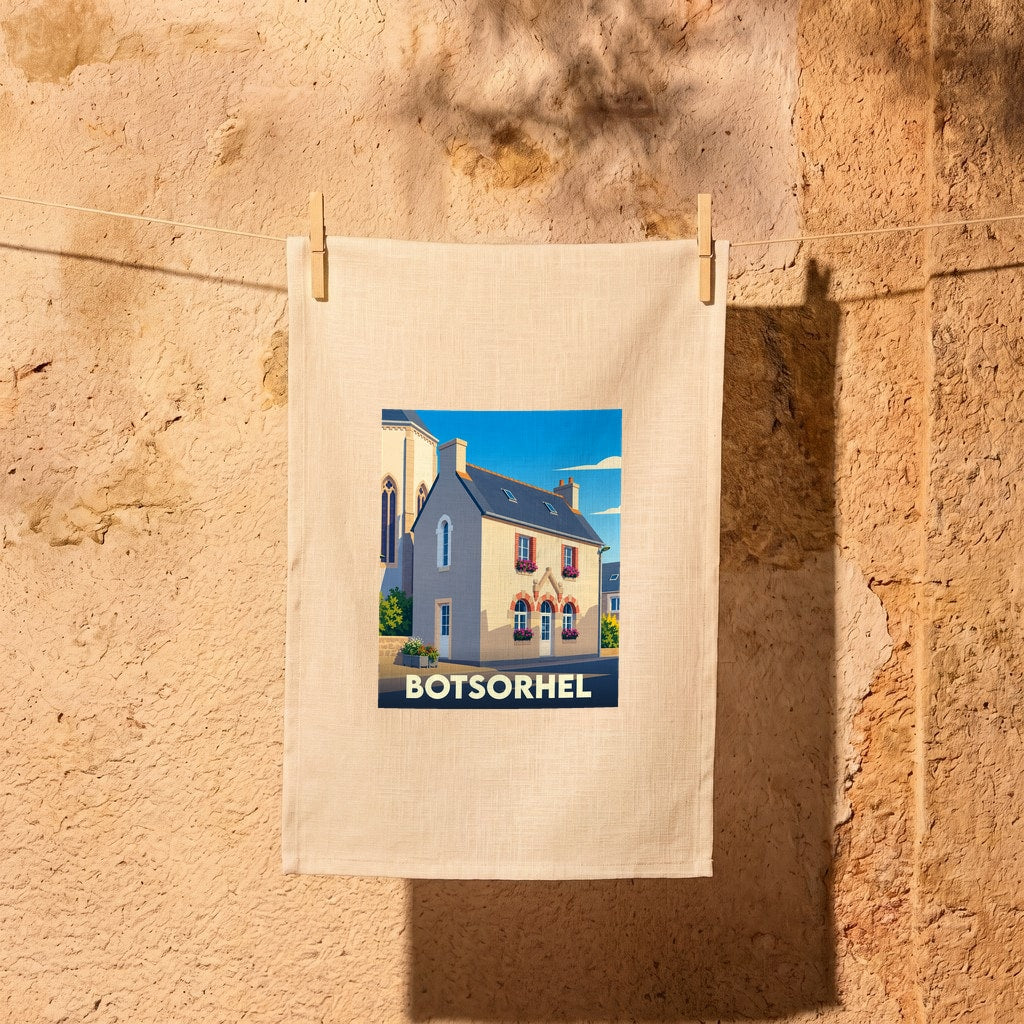 Torchon souvenir de la ville de Botsorhel avec une illustration stylisée d'une maison traditionnelle.