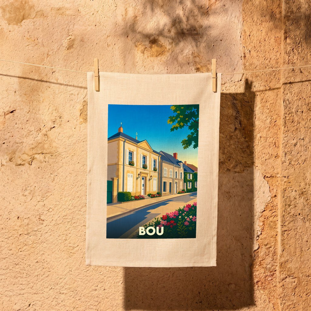 Torchon souvenir de la ville de Bou avec une illustration stylisée.