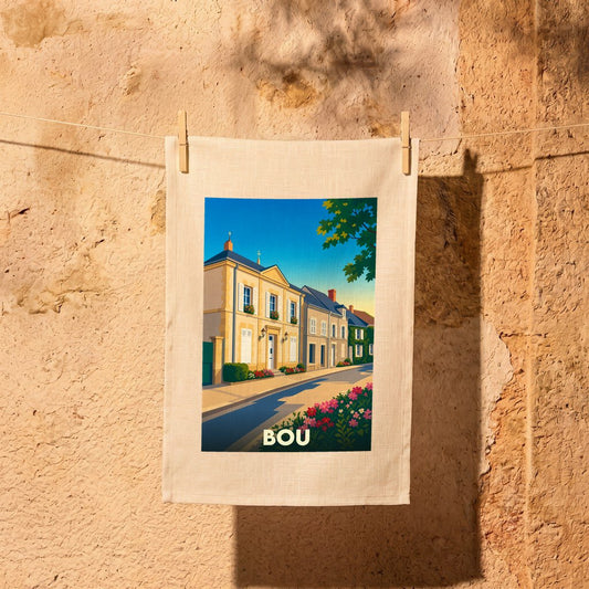 Torchon souvenir de la ville de Bou avec une illustration stylisée.