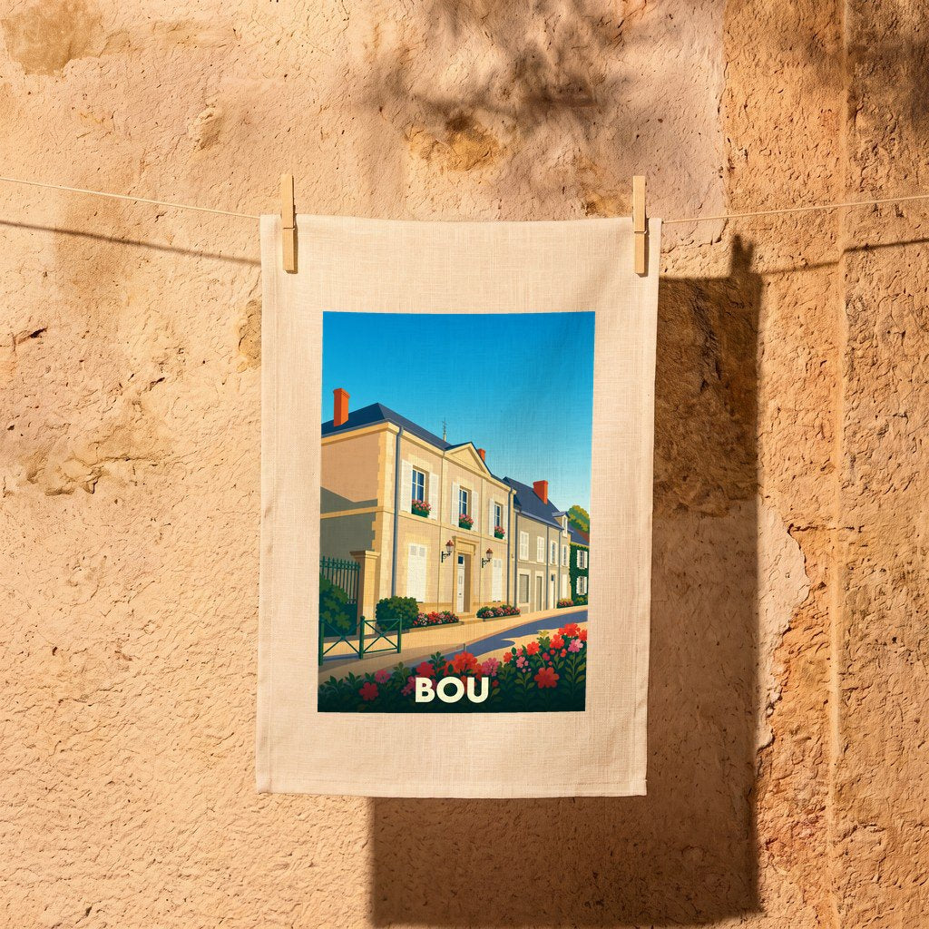 Torchon souvenir de la ville de Bou avec une illustration stylisée d'une rue fleurie.