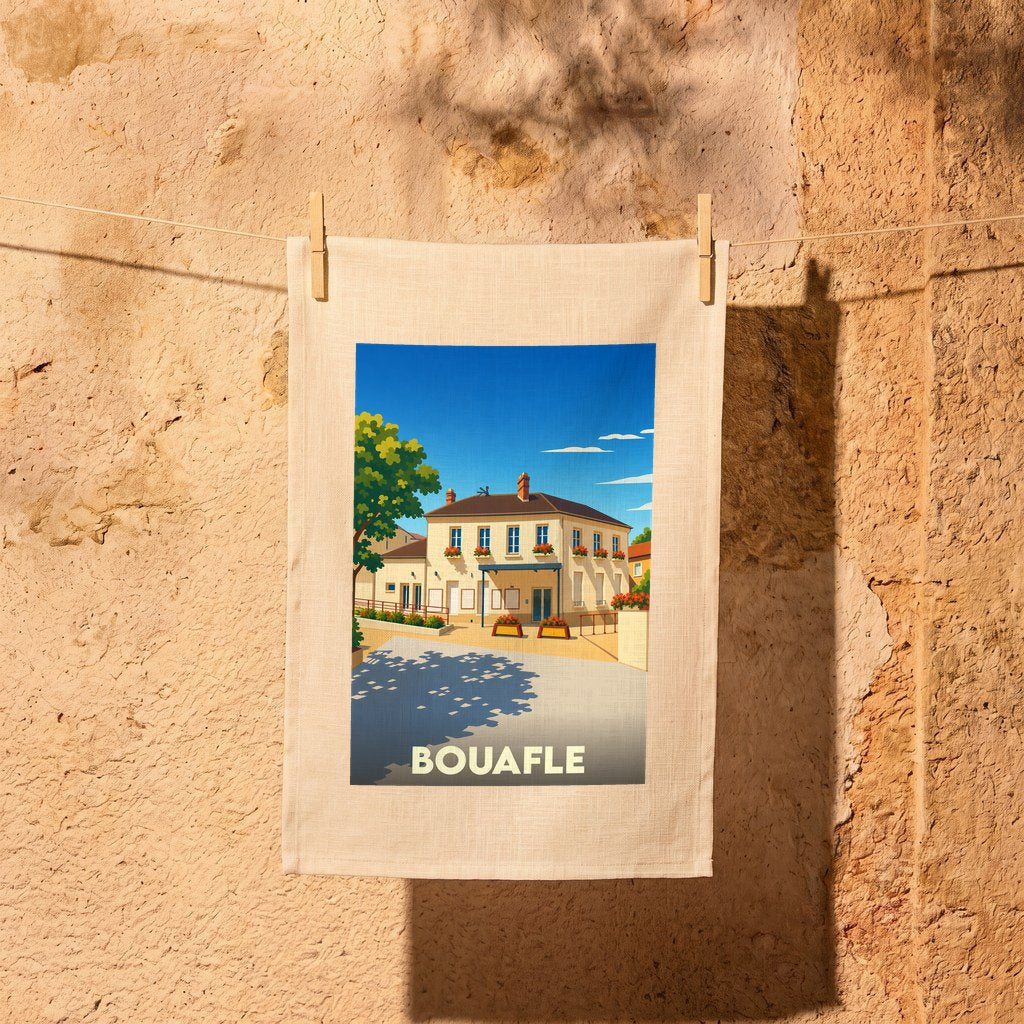 Torchon souvenir de la ville de Bouafle avec une illustration stylisée d'une bâtisse ensoleillée.