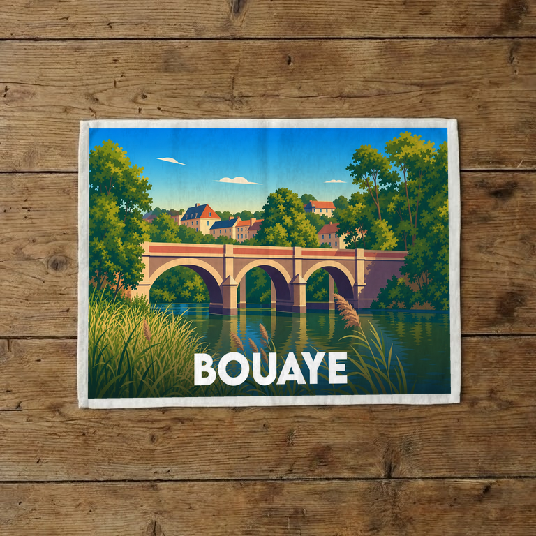 Torchon souvenir de la ville de Bouaye orné d'une illustration stylisée de son pont et de ses bords de l'eau.