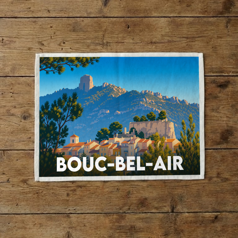 Torchon souvenir de la ville de Bouc-Bel-Air avec une illustration stylisée de son paysage.