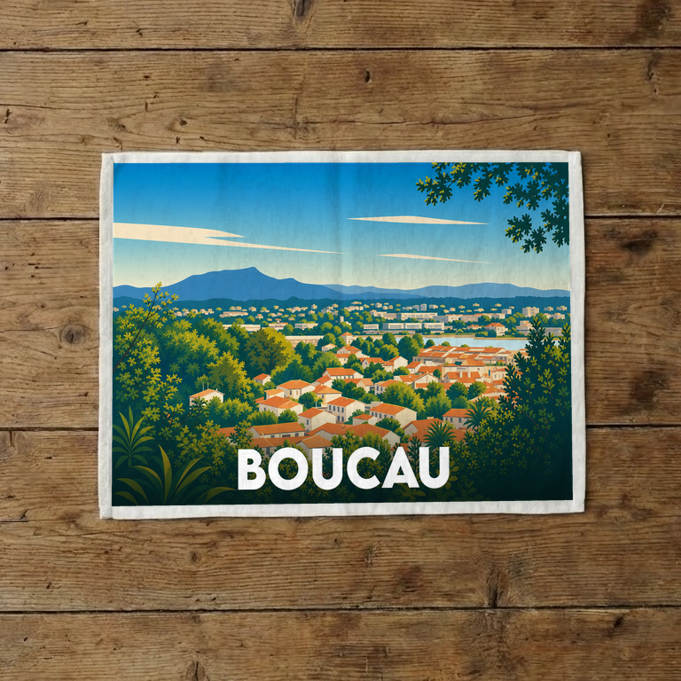 Torchon souvenir de la ville de Boucau illustré d'un paysage panoramique coloré entre ville et montagnes.