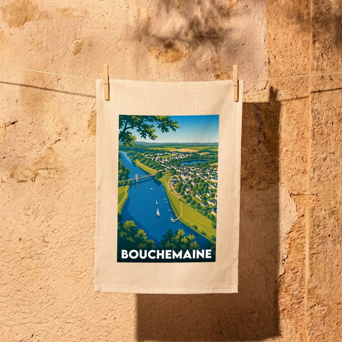 Torchon souvenir de la ville de Bouchemaine avec une illustration stylisée représentant les bords de Maine.