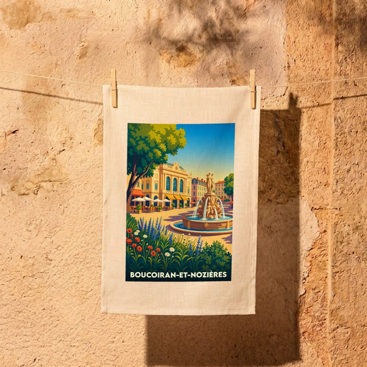 Torchon souvenir de la ville de Boucoiran-et-Nozières avec une illustration stylisée d'une place ensoleillée.