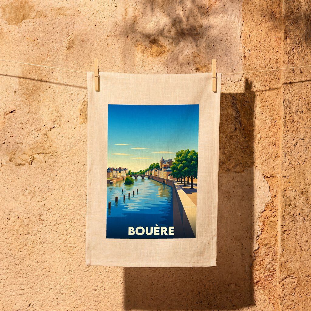 Torchon souvenir de la ville de Bouère avec une illustration stylisée d'un paysage fluvial.