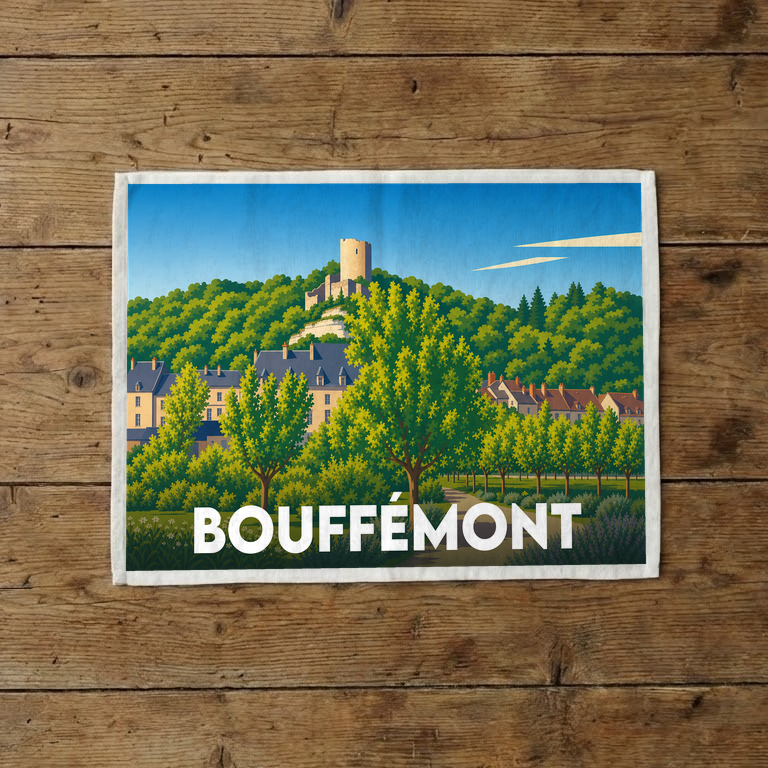 Torchon souvenir de la ville de Bouffémont avec une illustration stylisée d'un château surplombant un village verdoyant.