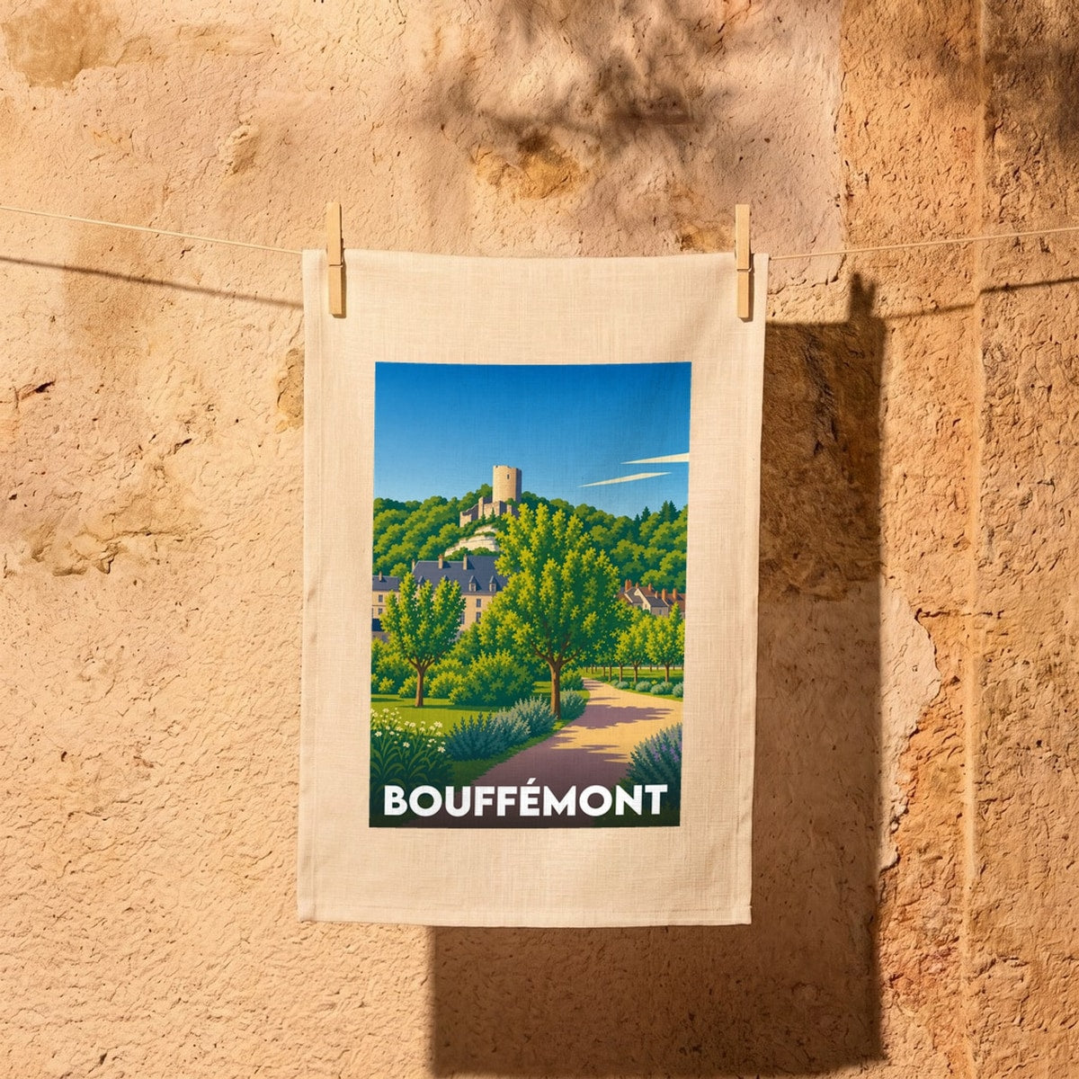 Torchon souvenir de la ville de Bouffémont avec une illustration stylisée d'un château surplombant un village verdoyant.