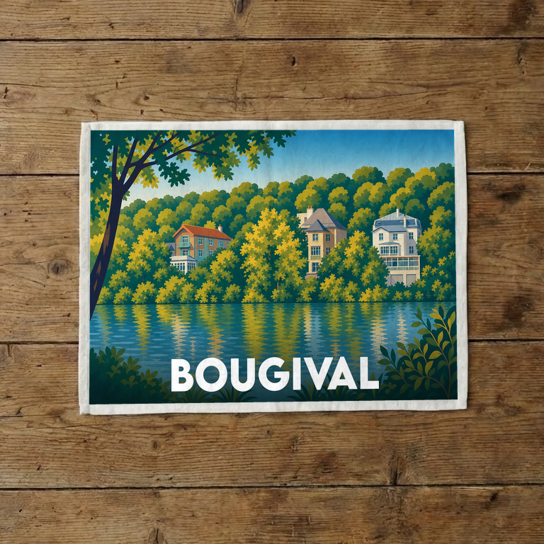 Torchon souvenir de la ville de Bougival illustré d'un paysage coloré en bord de Seine.