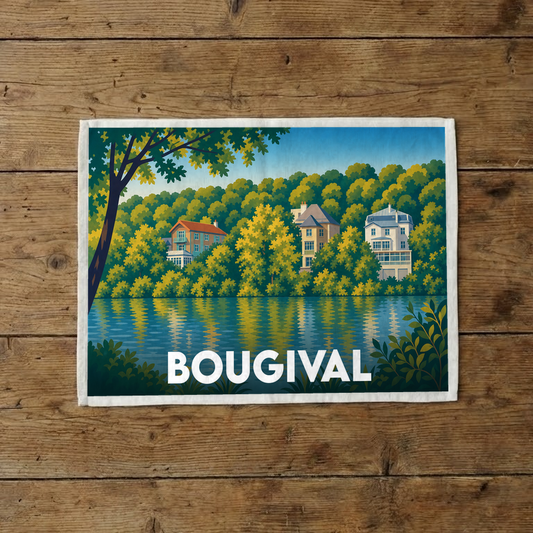 Torchon souvenir de la ville de Bougival illustré d'un paysage coloré en bord de Seine.