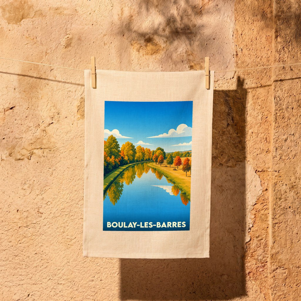 Torchon souvenir de la ville de Boulay-les-Barres avec une illustration stylisée d'un canal en automne.